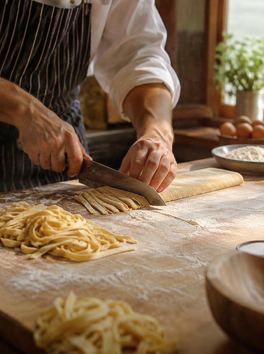 A chef cutting fresh tagliatelle by hand on a floured board