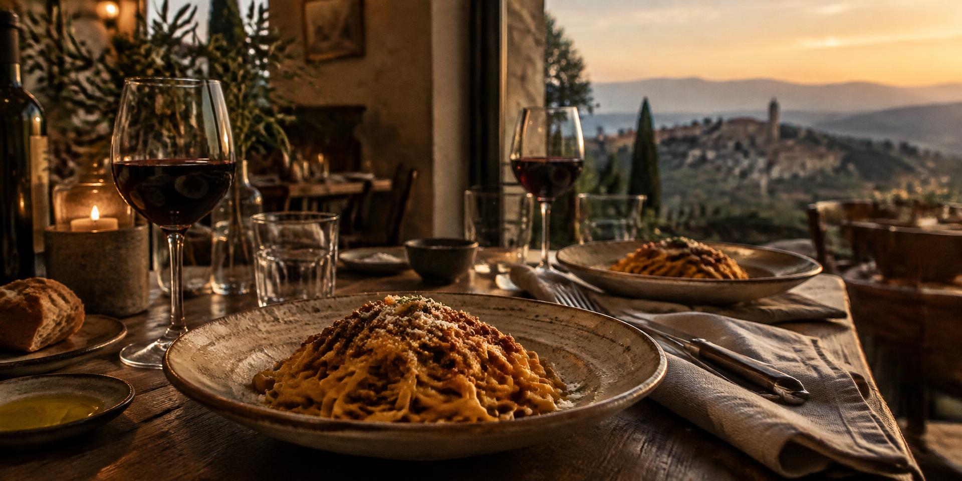 Handmade pasta, red wine and linen on a candlelit table at golden hour