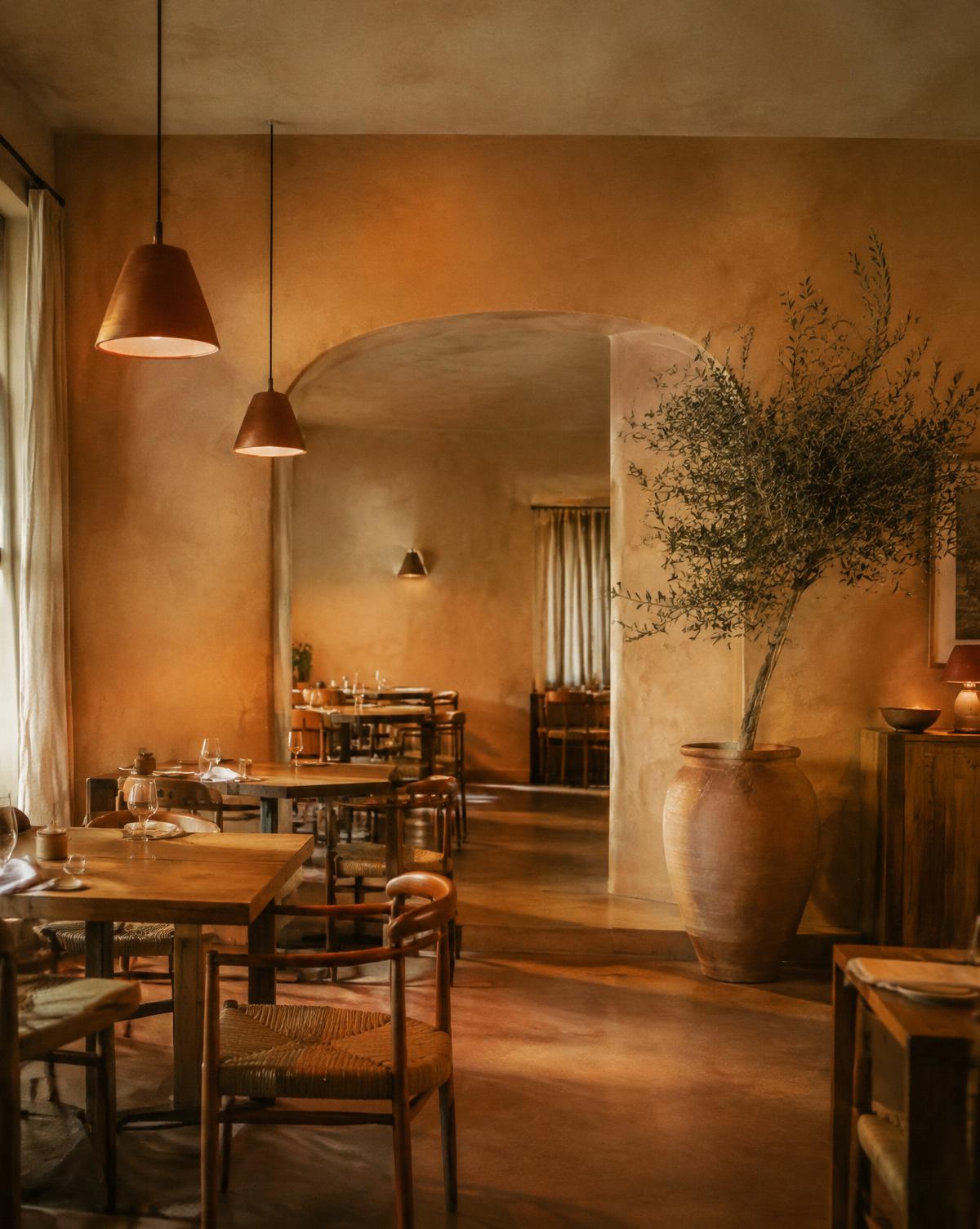 SORA's warm dining room with an arched doorway and olive tree