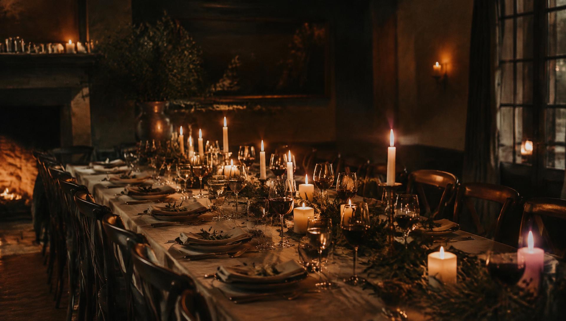 A long candlelit table set for a private celebration