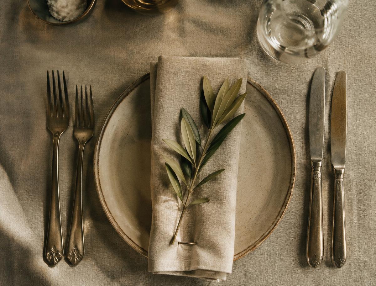 Table setting with linen and olive sprig