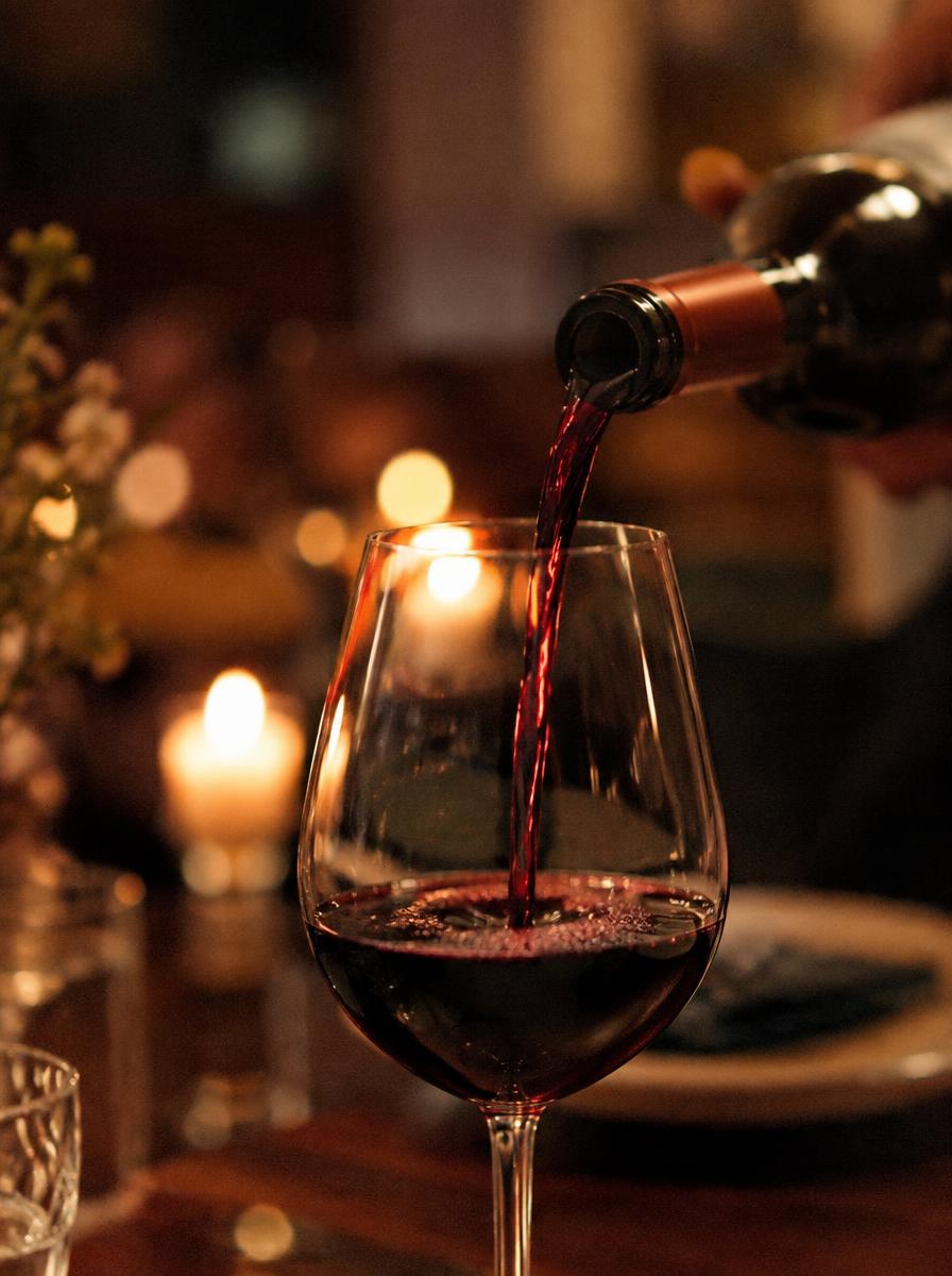 Red wine being poured into a glass by candlelight